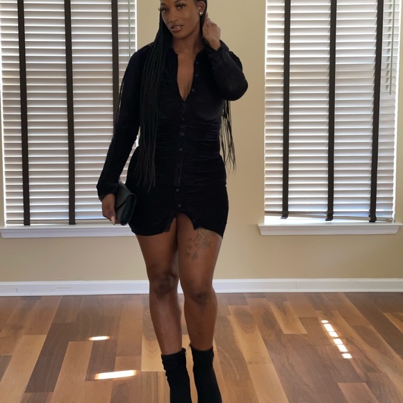 BLACK VELVET CORDUROY SHIRT MINI DRESS - Picture 5 of 7